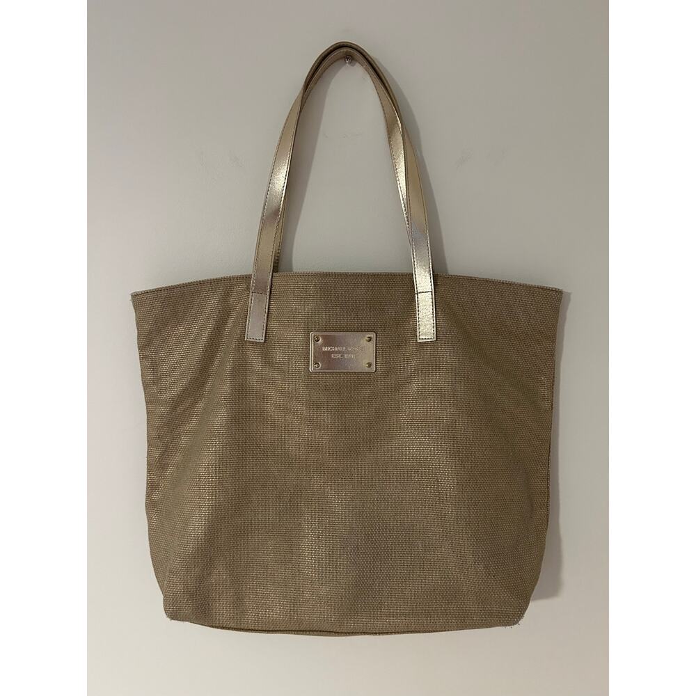 Michael Kors MK Gold Natural 100% Cotton Tote Shoulder Bag GUC Lightweight Tan